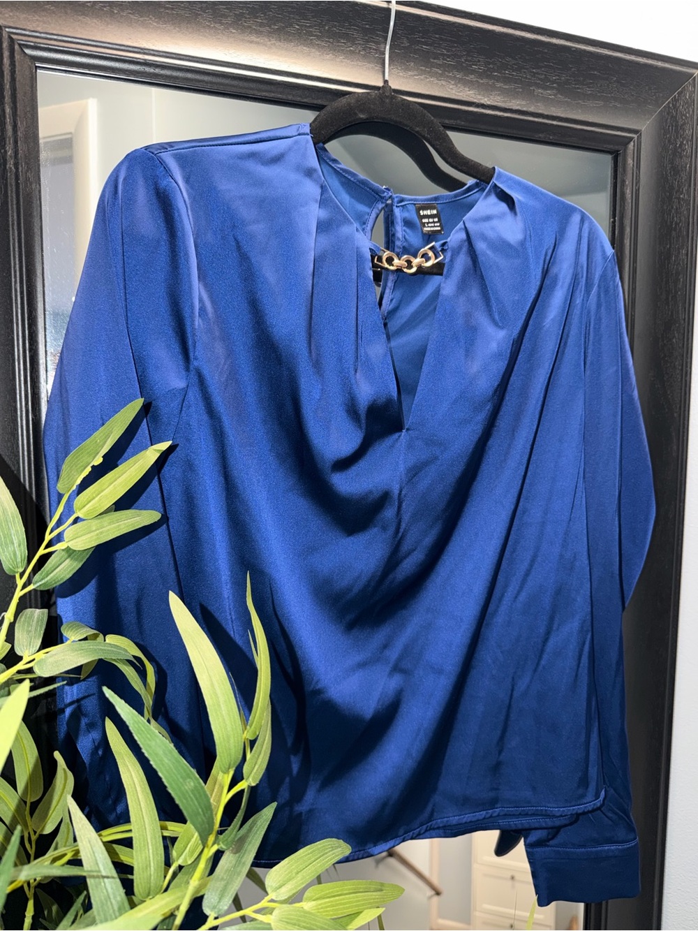 Blue Satin Drape Neck Blouse